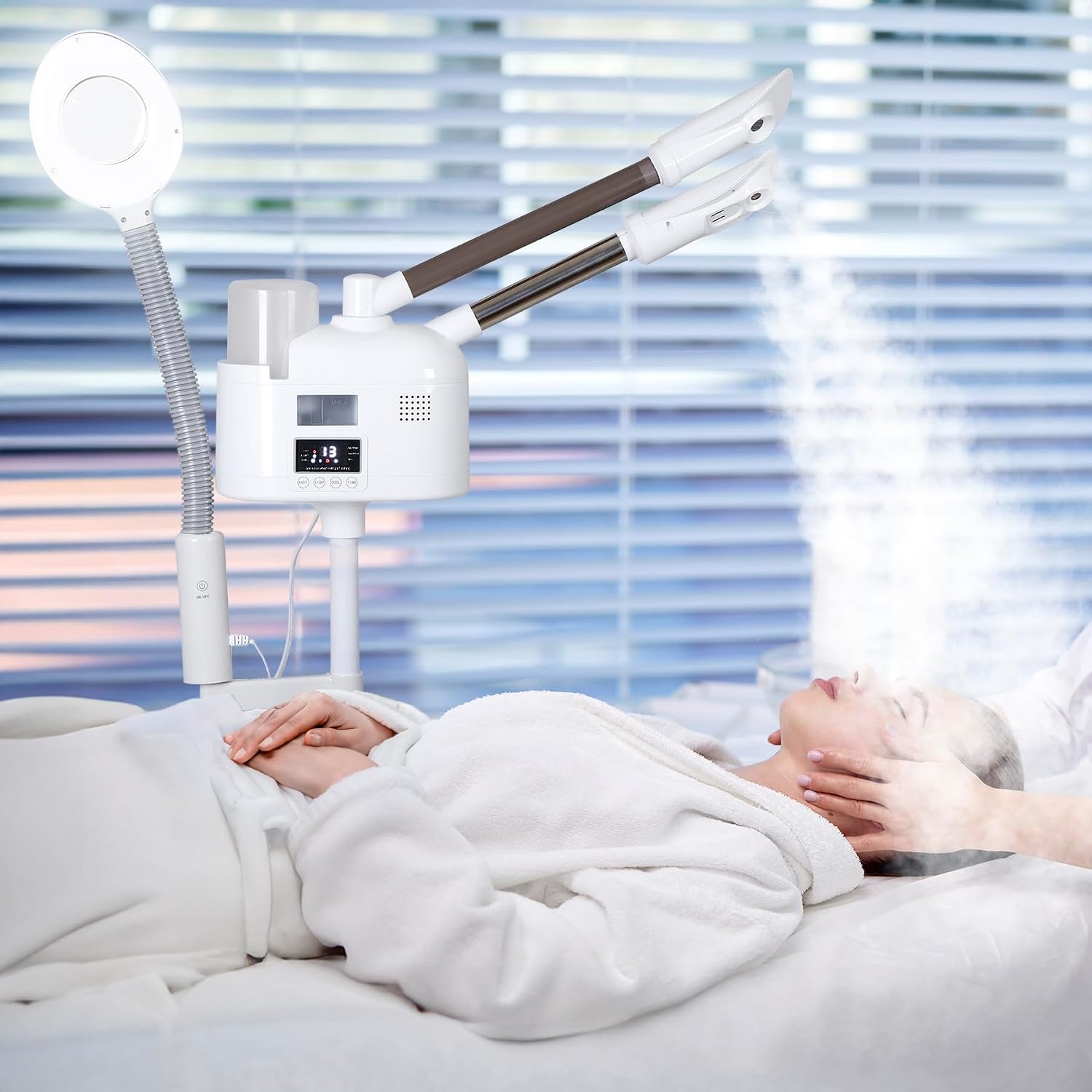 Vaporizador facial profesional 3 en 1 de limpieza profunda con ozono facial con luz de aumento 5X y ruedas giratorias, función de niebla caliente/fría para salón, spa, equipo de belleza para el hogar, color blanco