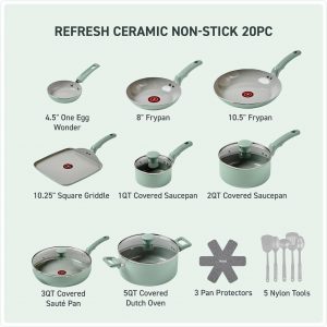 T-Fal Refresh - Juego de utensilios de cocina antiadherentes de cerámica, 20 piezas, apto para horno hasta 350 °F, olla de cocina, ollas y sartenes de cerámica, sartenes, plancha, utensilios, verde