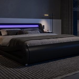 Allewie King Size LED Platform Bed Frame with Adjustable Headboard, Black | Low Profile Sleigh Design, Upholstered Faux Leather, Strong Wood Slats Support, Modern, No Box Spring Needed, Easy Assembly