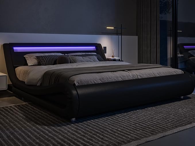 Allewie King Size LED Platform Bed Frame with Adjustable Headboard, Black | Low Profile Sleigh Design, Upholstered Faux Leather, Strong Wood Slats Support, Modern, No Box Spring Needed, Easy Assembly