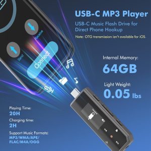 RUIZU Reproductor MP3 USB Tipo-C de 64 GB con Bluetooth 5.3, reproductor de música portátil con clip con radio FM, grabadora de voz, podómetro para deporte, audio digital aleatorio A-B repetición
