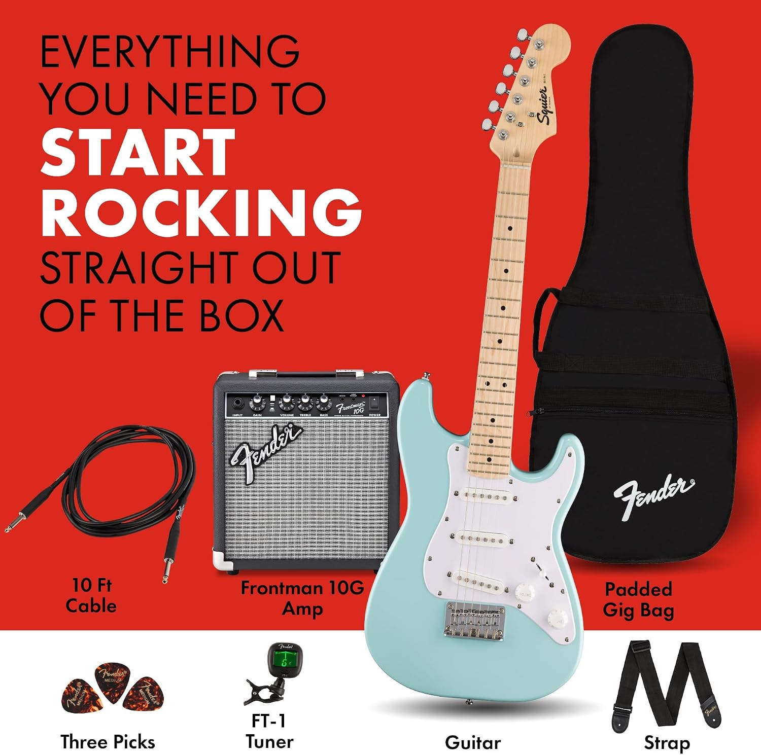 Fender Mini Stratocaster Electric Guitar Kit, Beginner Guitar Kit, with 2-Year Warranty, with Frontman 10G Amp, Padded Gig Bag, Strap, Cable, Tuner, and Picks, Daphne Blue