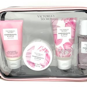 Victoria's Secret Pomegranate & Lotus The Balance Starter Kit Set de regalo de gel corporal, exfoliante, loción, niebla