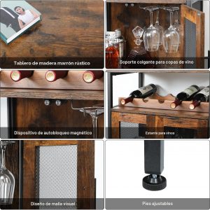 X-cosrack Armario para bar de vinos con estante desmontable para vinos, barra de café con soporte para vidrio, aparador pequeño y gabinete de buffet con puerta de malla, marrón rústico (patente