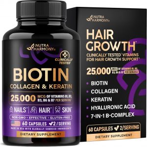 Biotin, Collagen, Hyaluronic Acid & Keratin - Hair Growth Support - 60 Caps | Hair, Skin & Nails Vitamins - Clinically Tested Supplement for Men & Women - 25000mcg Vitamins B1, B2, B3, B6 & B7
