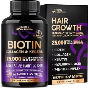 Biotin, Collagen, Hyaluronic Acid & Keratin - Hair Growth Support - 60 Caps | Hair, Skin & Nails Vitamins - Clinically Tested Supplement for Men & Women - 25000mcg Vitamins B1, B2, B3, B6 & B7