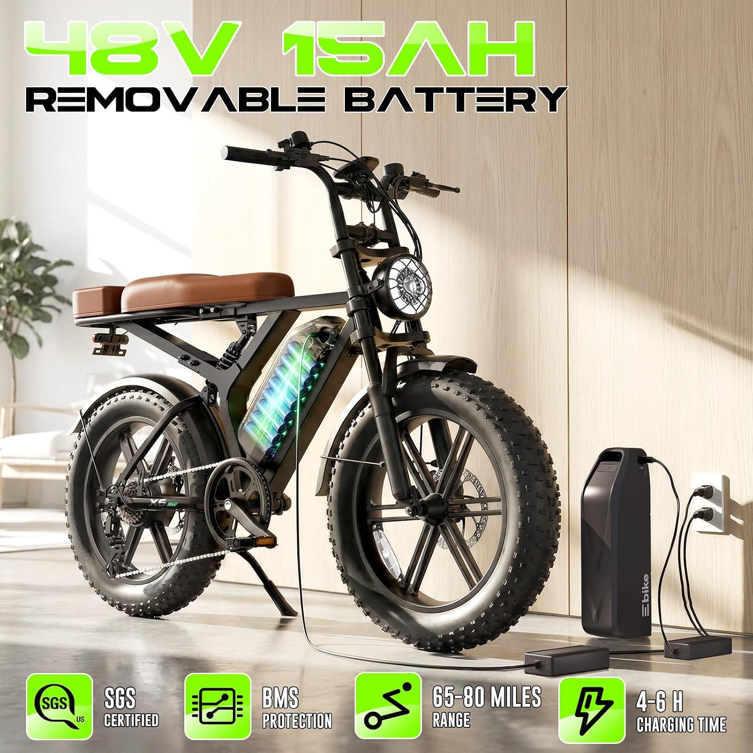 Bicicleta eléctrica para adultos, motor de pico de 1500 W, bicicleta retro E, rango de 65/120 millas, batería extraíble de 48 V 15 Ah, neumáticos gruesos de 20 x 4 pulgadas, suspensión completa