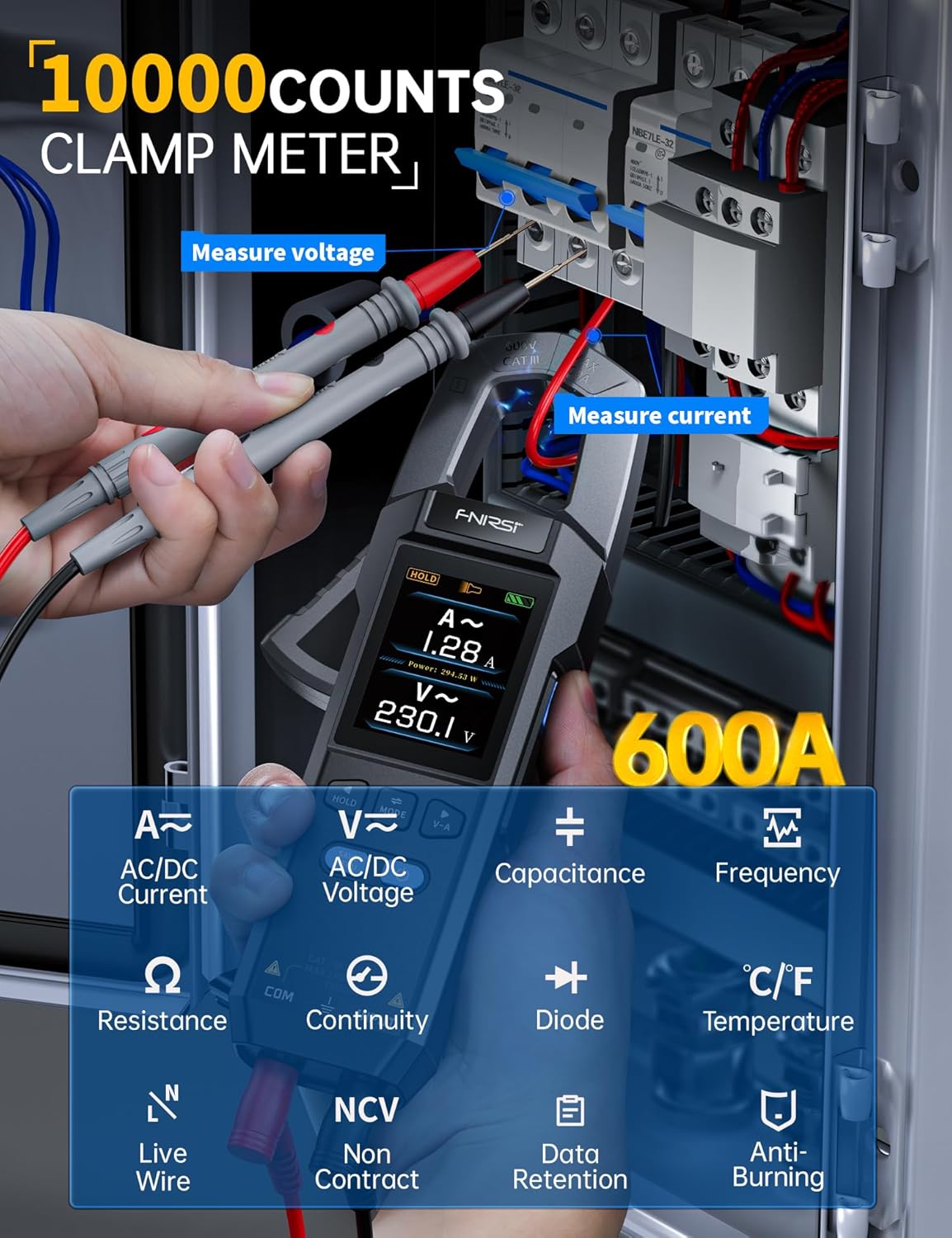 FNIRSI DMC-100 Multímetro de Pinza Digital de 9999 Contajes TRMS, Medidor de Amperaje Recargable con Registro de Curva de 600A, Mide NCV, Voltaje y Corriente AC/DC, Continuidad, Capacitancia, Diodo