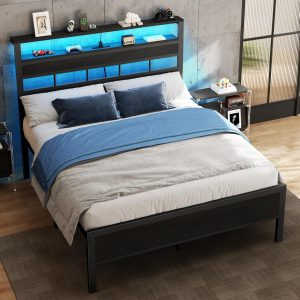 Furnulem Base de cama de tamaño matrimonial con luz LED y estación de carga, cabecera de almacenamiento de madera con estantes de 2 niveles, cama de plataforma de metal con soporte de listones resistentes, no necesita somier, roble negro