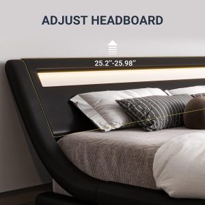 Allewie King Size LED Platform Bed Frame with Adjustable Headboard, Black | Low Profile Sleigh Design, Upholstered Faux Leather, Strong Wood Slats Support, Modern, No Box Spring Needed, Easy Assembly