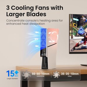 KIWIHOME Cooling Fan for PS5 Slim, Larger 3-Fan with Auto Speed USB3.0 | For 2023 PS5 Slim Disc/Digital Models with One Horizontal Line on Side Panel. Not for PS5 2020 or Pro 2024, White/Black