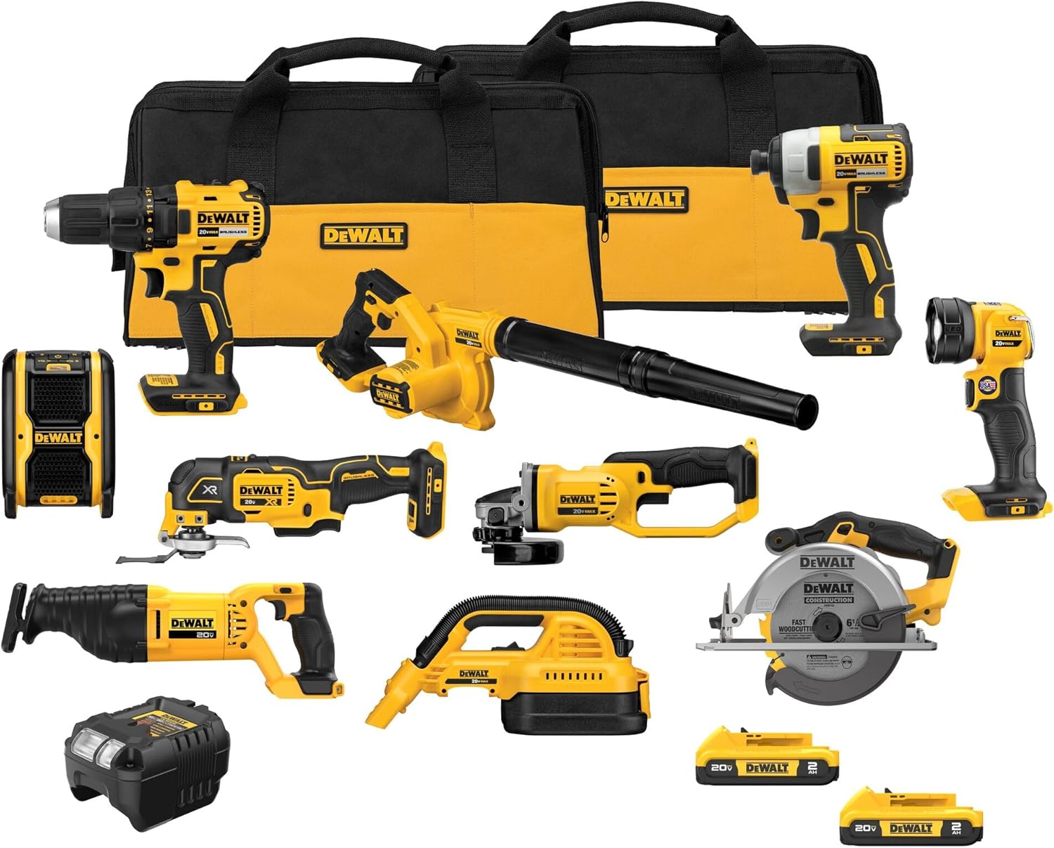 DEWALT - Kit combinado de herramientas eléctricas de 20 V MAX, 10 herramientas inalámbricas, juego de herramientas eléctricas, 2 baterías, cargador y 2 bolsas incluidas, kit combinado sin escobillas