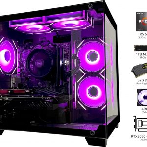 SKYESEV Gaming Desktop Computer PC,AMD Ryzen 5 5600,RTX3050 6GB,32GB DDR4 | 1TB M.2 NVMe PCle,ARGB Fan,WiFi,Game Design Office Console,Sea View Room, Tower