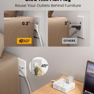 10Ft Extension Cord with Multiple Outlets, Flat Plug Surge Protector Power Strip 10 Ft Long Cord, 8 Outlets & 4 USB Ports (2 USB C), Desk Charging Station for Home Office, College Dorm Room Essentials