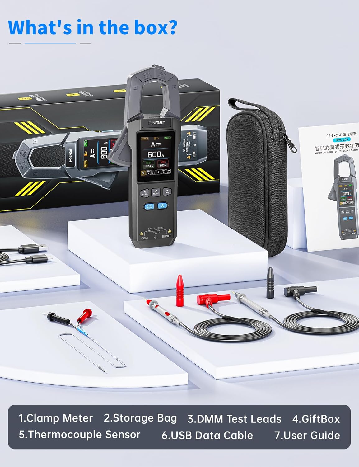 FNIRSI DMC-100 Multímetro de Pinza Digital de 9999 Contajes TRMS, Medidor de Amperaje Recargable con Registro de Curva de 600A, Mide NCV, Voltaje y Corriente AC/DC, Continuidad, Capacitancia, Diodo