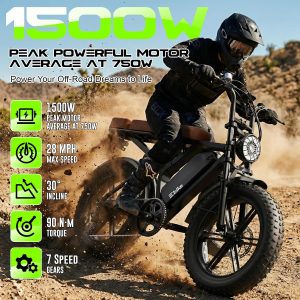 Bicicleta eléctrica para adultos, motor de pico de 1500 W, bicicleta retro E, rango de 65/120 millas, batería extraíble de 48 V 15 Ah, neumáticos gruesos de 20 x 4 pulgadas, suspensión completa