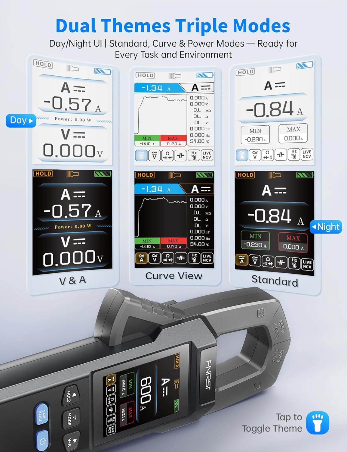 FNIRSI DMC-100 Multímetro de Pinza Digital de 9999 Contajes TRMS, Medidor de Amperaje Recargable con Registro de Curva de 600A, Mide NCV, Voltaje y Corriente AC/DC, Continuidad, Capacitancia, Diodo