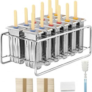 Paquete de 12 moldes de paletas de acero inoxidable, moldes caseros para paletas de hielo con soporte, máquina reutilizable de cabeza plana de congelación rápida con palos de madera y bolsas
