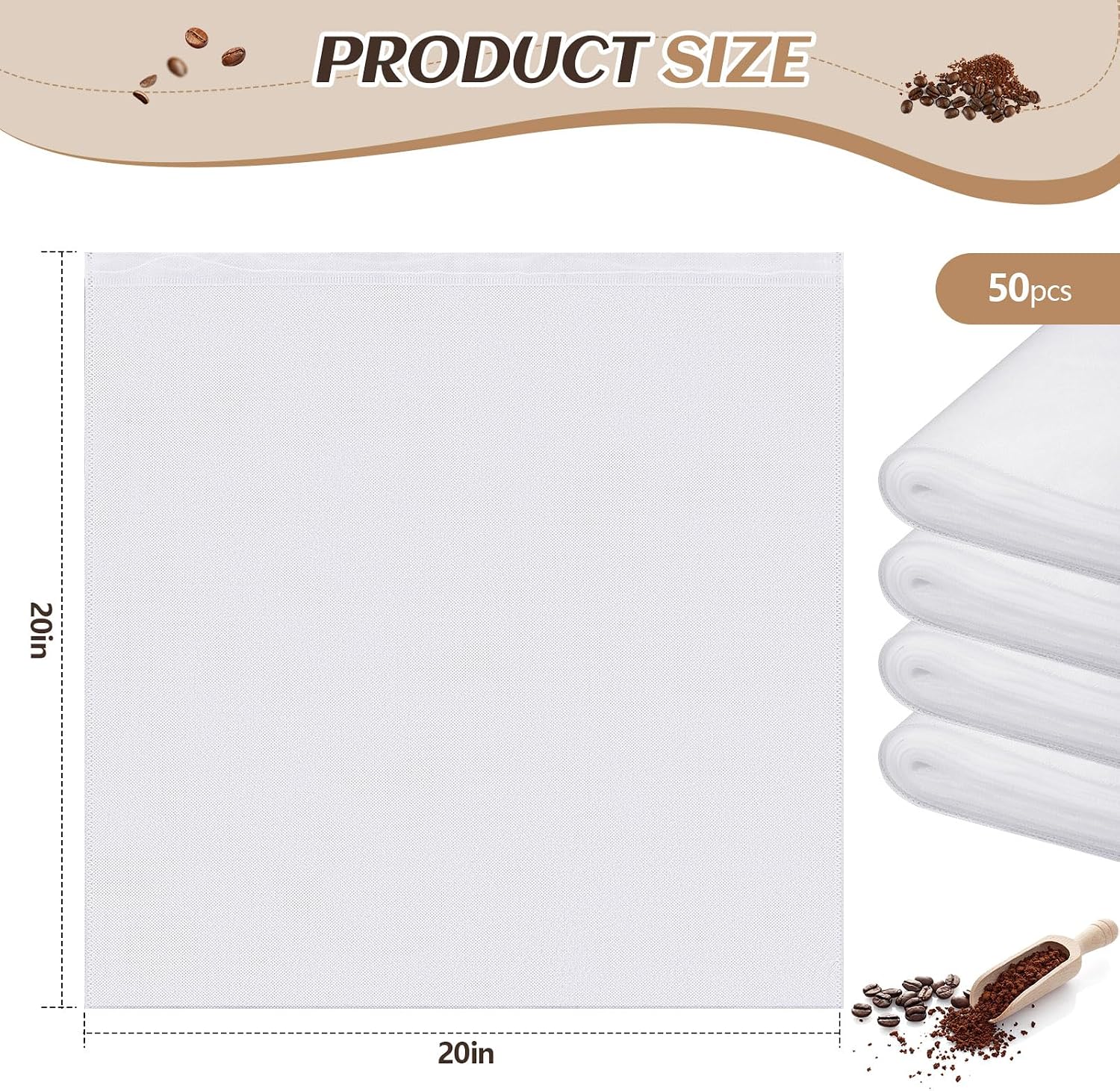 Cinnvoice 50 Pcs 20" x 20" Commercial Home Cold Brew Coffee Filter Bags with Drawstring, Disposable for Commercial Home Cold Brew Coffee Makers