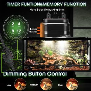 MECESOR Lámpara de doble reptil, lámpara de calor de reptil doble con control de termostato independiente y función de atenuación de temporizador, reflector de cúpula para dragón barbudo, terrario de