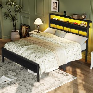 Furnulem Base de cama de tamaño matrimonial con luz LED y estación de carga, cabecera de almacenamiento de madera con estantes de 2 niveles, cama de plataforma de metal con soporte de listones resistentes, no necesita somier, roble negro