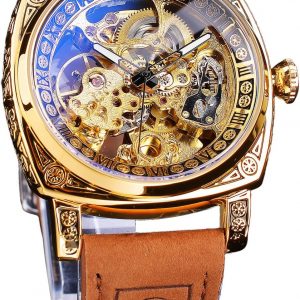 FORSINING Relojes para Hombre, Reloj Mecánico Retro Cuadrado Automático Tallado, Reloj de Pulsera Esqueleto de Cuero Vintage con Correa de Cuero