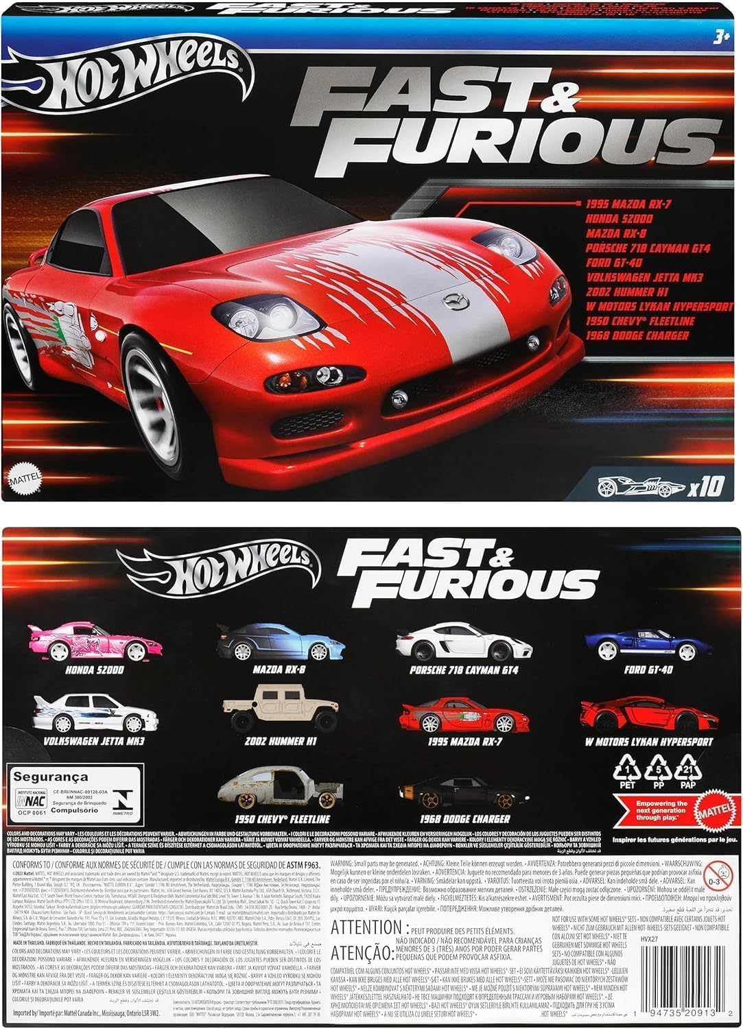 Hot Wheels HVX27 Fast and Furious 10 Pack de Vehículos de Juguete, Mini Coche para Niños de 3 Años y Más