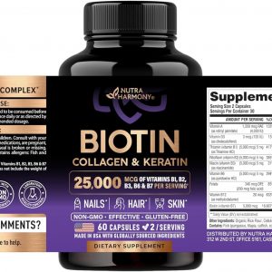 Biotin, Collagen, Hyaluronic Acid & Keratin - Hair Growth Support - 60 Caps | Hair, Skin & Nails Vitamins - Clinically Tested Supplement for Men & Women - 25000mcg Vitamins B1, B2, B3, B6 & B7