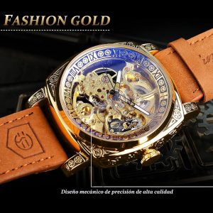 FORSINING Relojes para Hombre, Reloj Mecánico Retro Cuadrado Automático Tallado, Reloj de Pulsera Esqueleto de Cuero Vintage con Correa de Cuero