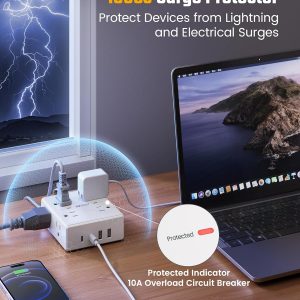10Ft Extension Cord with Multiple Outlets, Flat Plug Surge Protector Power Strip 10 Ft Long Cord, 8 Outlets & 4 USB Ports (2 USB C), Desk Charging Station for Home Office, College Dorm Room Essentials