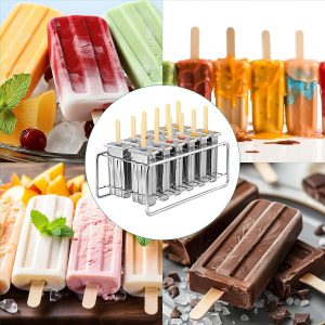 Paquete de 12 moldes de paletas de acero inoxidable, moldes caseros para paletas de hielo con soporte, máquina reutilizable de cabeza plana de congelación rápida con palos de madera y bolsas