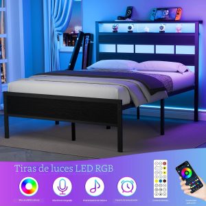 Furnulem Base de cama de tamaño matrimonial con luz LED y estación de carga, cabecera de almacenamiento de madera con estantes de 2 niveles, cama de plataforma de metal con soporte de listones resistentes, no necesita somier, roble negro