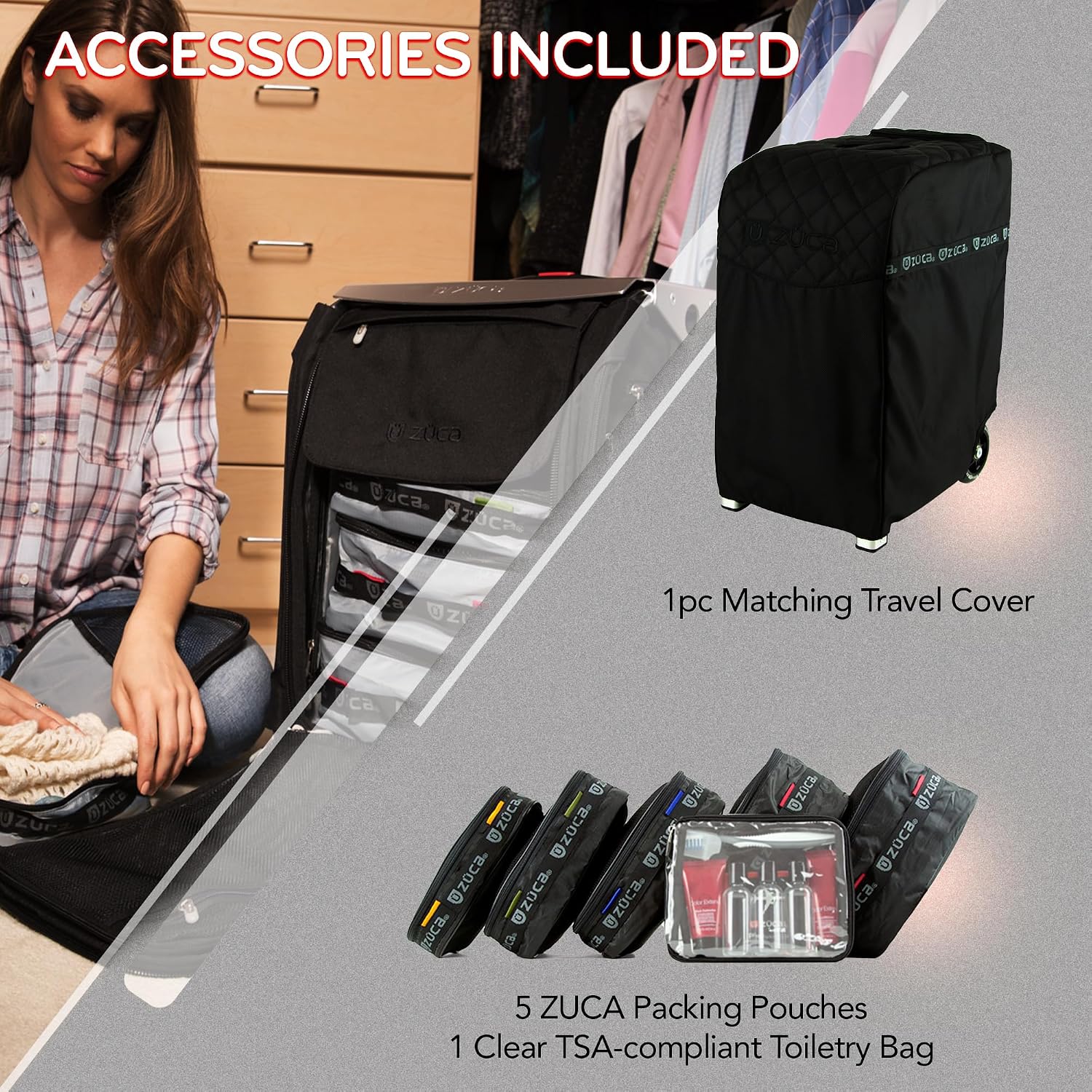 ZUCA Pro Carry On Luggage with Wheels - Black Bag and Black Frame, with 5 Packing Pouches, Travel Cover, and Built-In Seat