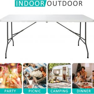SUPER DEAL 6FT Folding Table for Indoor Outdoor, Portable Heavy Duty Fold-in-Half Plastic Dining Picnic Party Camping Table with Carrying Handle