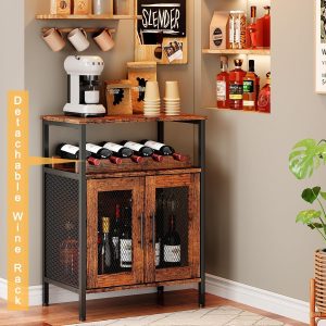 X-cosrack Armario para bar de vinos con estante desmontable para vinos, barra de café con soporte para vidrio, aparador pequeño y gabinete de buffet con puerta de malla, marrón rústico (patente