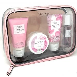 Victoria's Secret Pomegranate & Lotus The Balance Starter Kit Set de regalo de gel corporal, exfoliante, loción, niebla