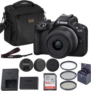 Canon Cámara sin espejo EOS R50 con lente de 0.709-1.772 in, APS-C de 24.2 MP, video 4K, doble píxel CMOS AF II, pantalla de ángulo variable, Wi-Fi, Bluetooth + tarjeta SD de 64 GB, bolsa de hombro, kit de 3 filtros, garantía de 1 año