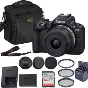 Canon Cámara sin espejo EOS R50 con lente de 0.709-1.772 in, APS-C de 24.2 MP, video 4K, doble píxel CMOS AF II, pantalla de ángulo variable, Wi-Fi, Bluetooth + tarjeta SD de 64 GB, bolsa de hombro, kit de 3 filtros, garantía de 1 año