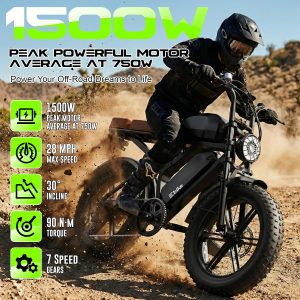 Bicicleta eléctrica para adultos, motor de pico de 1500 W, bicicleta retro E, rango de 65/120 millas, batería extraíble de 48 V 15 Ah, neumáticos gruesos de 20 x 4 pulgadas, suspensión completa