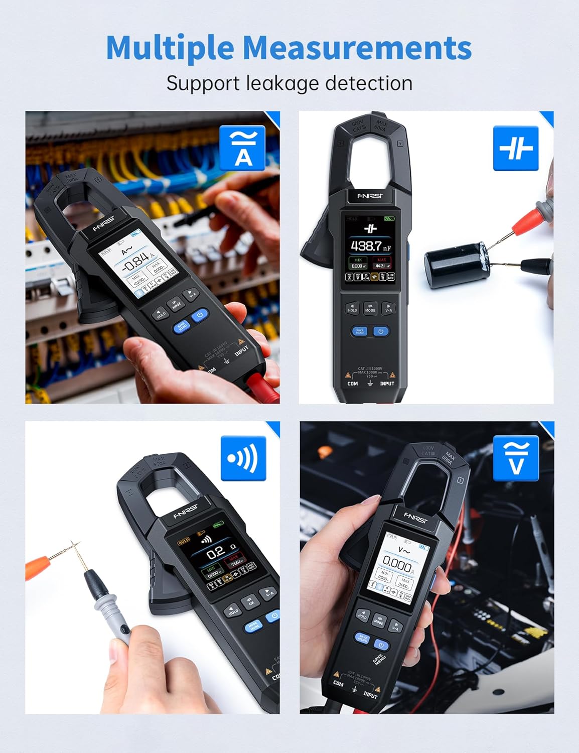 FNIRSI DMC-100 Multímetro de Pinza Digital de 9999 Contajes TRMS, Medidor de Amperaje Recargable con Registro de Curva de 600A, Mide NCV, Voltaje y Corriente AC/DC, Continuidad, Capacitancia, Diodo
