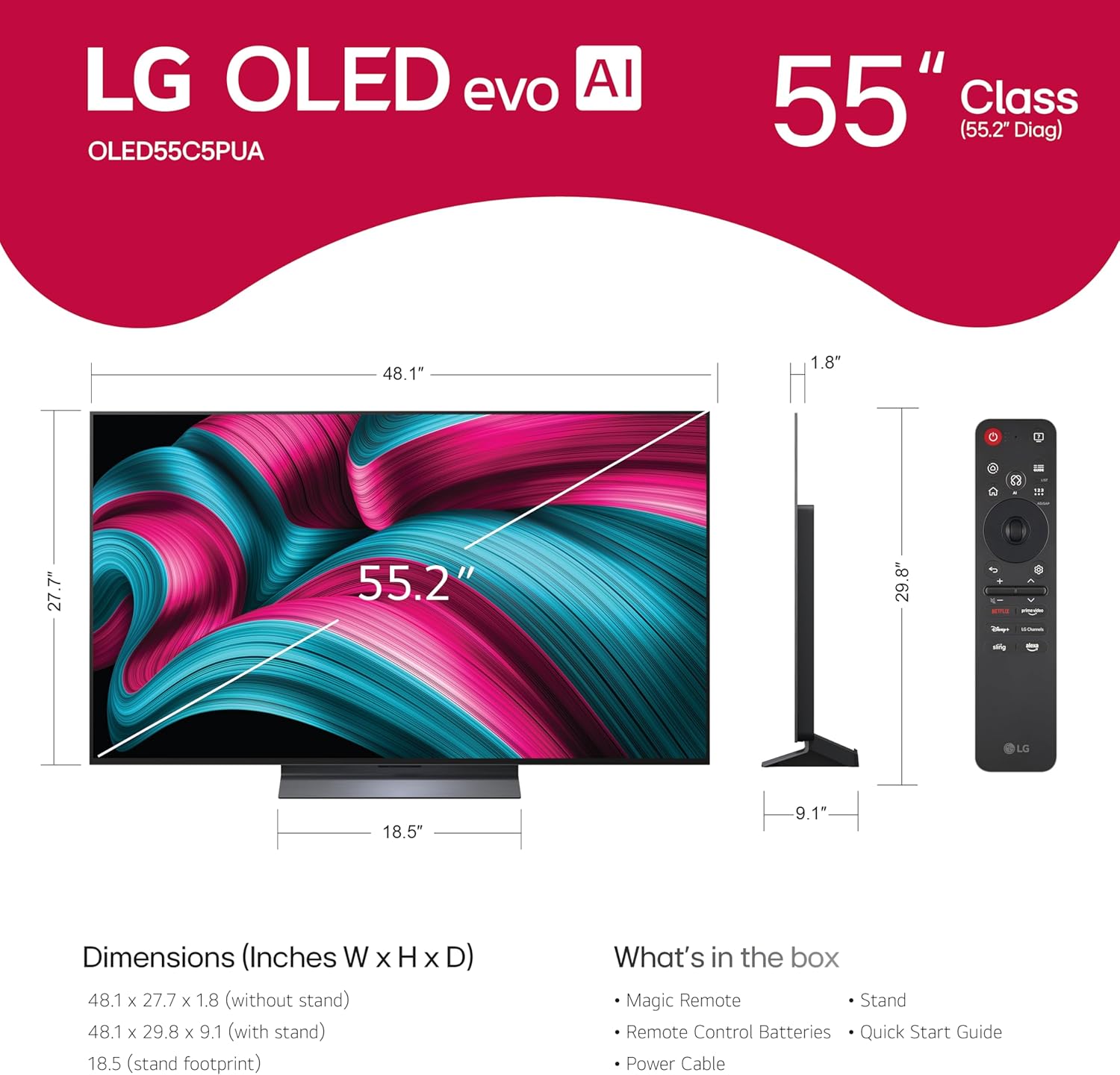 LG 55-Inch Class OLED evo AI 4K C5 Series Smart TV w/Dolby Atmos, Dolby Vision, HDR10, AI Super Upscaling 4K, Filmmaker Mode, Wow Orchestra, Alexa Built-in (OLED55C5PUA, 2025)