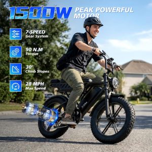 TST Electric Bike for Adults, 1500W Peak Motor 60 Miles Fat Tire Ebike with 48V 15Ah Removable Battery 20" Fat Tire Electric Bike, Dual Suspension，7 Speeds