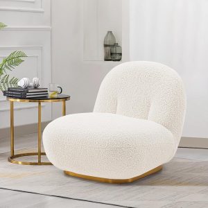 Manhattan Comfort Edina Modern Accent Chair in Luxurious Boucle Upholstery with High Density Foam Padding & Wood Frame with Gold Metal Base, Living Room Seating, White