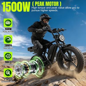TST - Bicicleta eléctrica para adultos, 1500 W, pico de 20 pulgadas, neumático grueso, bicicleta eléctrica todoterreno de 60/130 millas, bicicleta eléctrica de cross – 48 V 15/30 AH batería probada