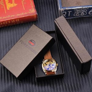 FORSINING Relojes para Hombre, Reloj Mecánico Retro Cuadrado Automático Tallado, Reloj de Pulsera Esqueleto de Cuero Vintage con Correa de Cuero