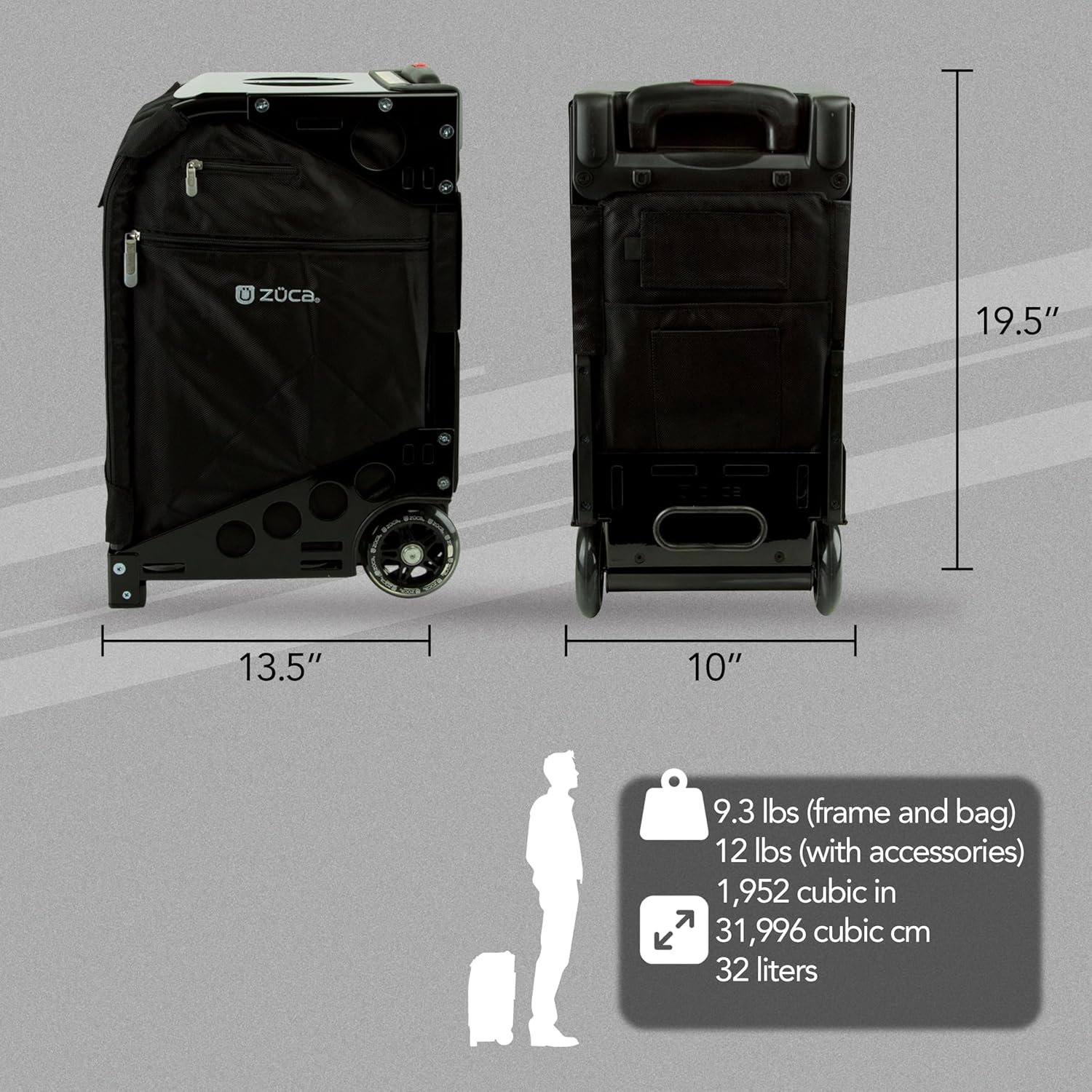 ZUCA Pro Carry On Luggage with Wheels - Black Bag and Black Frame, with 5 Packing Pouches, Travel Cover, and Built-In Seat