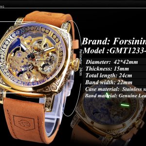 FORSINING Relojes para Hombre, Reloj Mecánico Retro Cuadrado Automático Tallado, Reloj de Pulsera Esqueleto de Cuero Vintage con Correa de Cuero