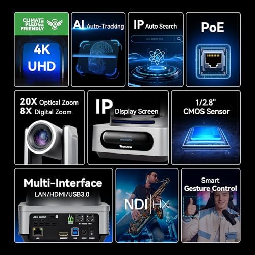 Tenveo Paquete de cámara y controlador PTZ - Cámara PTZ 4K NDI (2 piezas) 20X Zoom AI Tracking HDMI/USB3.0/LAN (PoE) y kit de controlador de joystick NDI de pantalla cuádruple de 7 pulgadas para