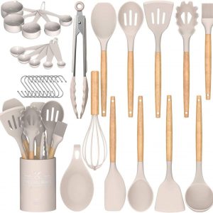 Juego de utensilios de cocina Umite de cocina, 24 piezas antiadherentes de silicona utensilios de cocina juego de espátula con soporte, mango de madera de silicona resistente al calor utensilios de cocina Set (Khaki)