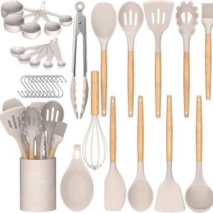 Juego de utensilios de cocina Umite de cocina, 24 piezas antiadherentes de silicona utensilios de cocina juego de espátula con soporte, mango de madera de silicona resistente al calor utensilios de cocina Set (Khaki)